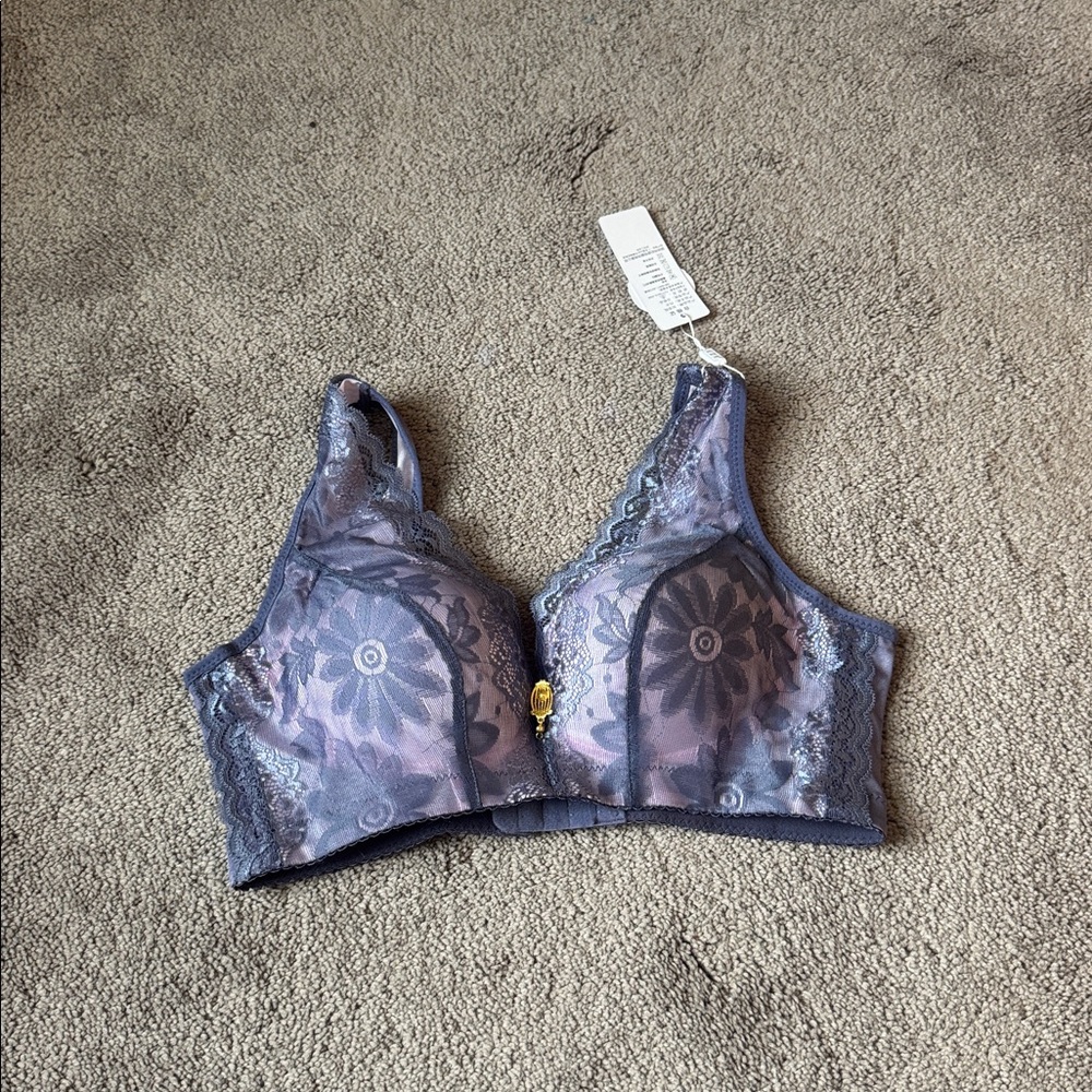 Feiziyue Purple Floral Lace Wireless Bralette Sheer Mesh Comfort Bra SIZE 34